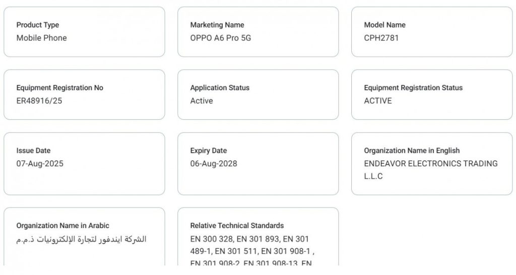 Sertifikasi Oppo A6 Pro 5G