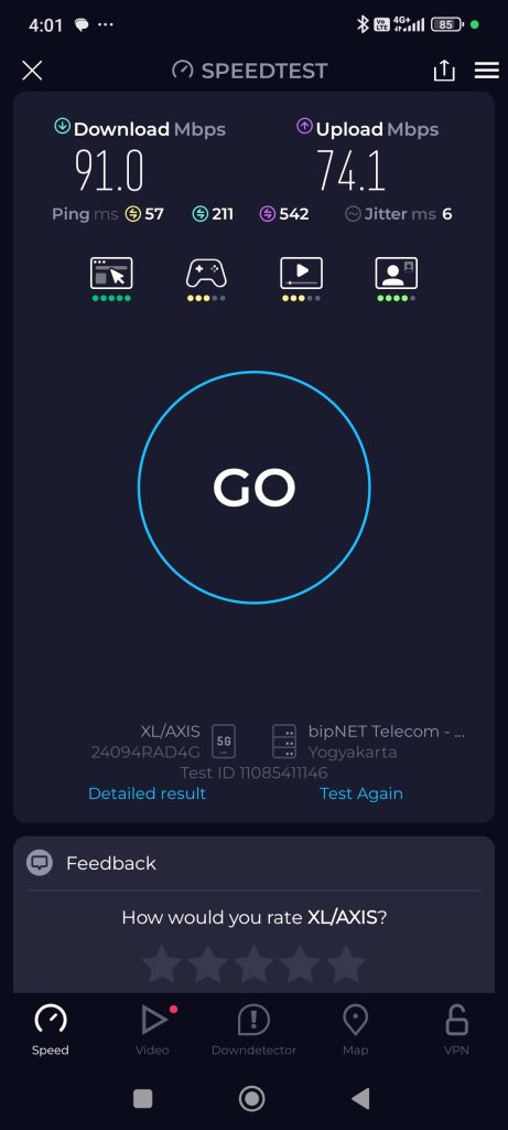 Hasil Speed Test menggunakan jaringan XLSMART di Yogyakarta